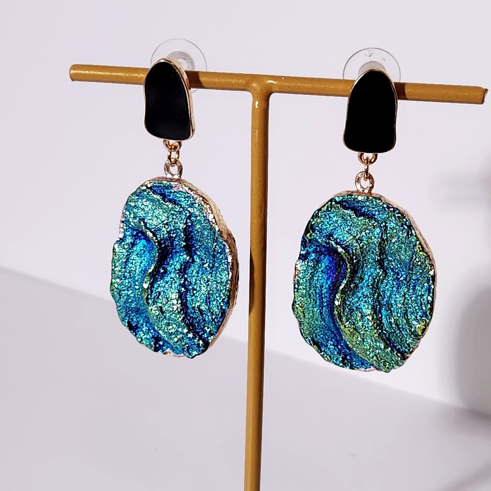 Iridescent Blue Green Faux Druzy Gold Tone Drop Earrings Bohemian Statement 2.0"